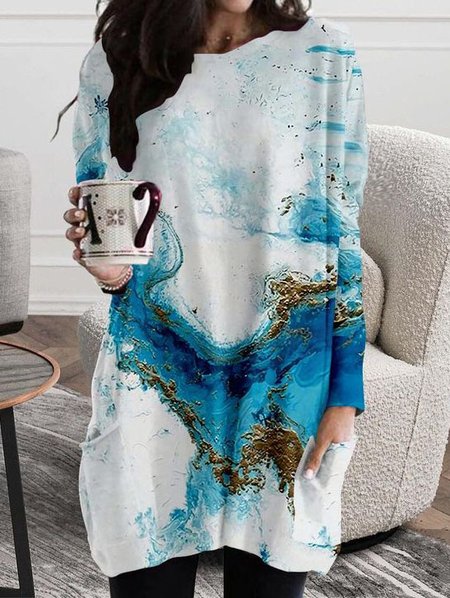 

Abstract Printed Loosen Casual Pocket Off Shoulder Dresses, Blue, Tie dye dress