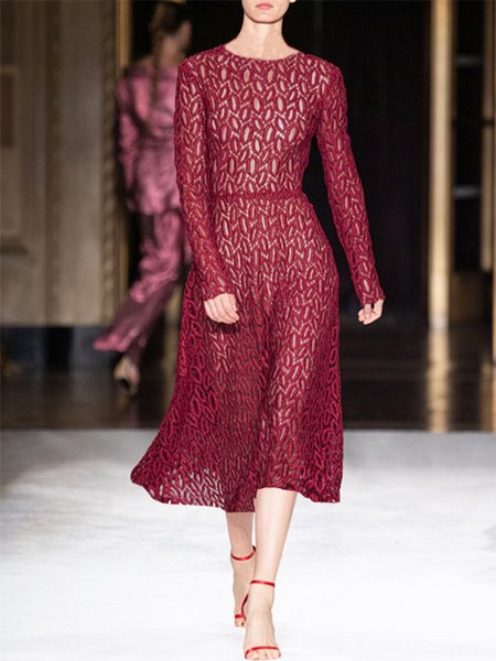 

Long Sleeve Solid Elegant Midi Dress, Red, Midi Dresses