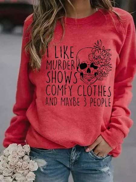 

I Like Murder Shows Skull Funny Words Crew Neck Sweatshirt, Red, Hoodies&Sweatshirts