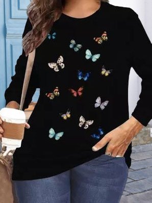 

Butterfly Printed Long Sleeve Crew Neck Shirts & Tops, Black, Long sleeve tops