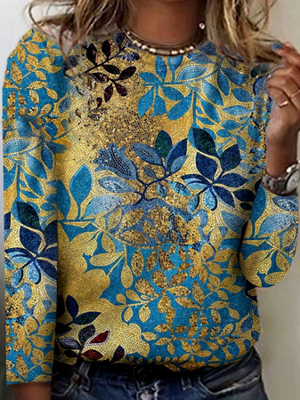 

Leaves Casual Crew Neck Cotton Blends Long sleeve Shirts & Tops, Yellow, Tees & T-shirts