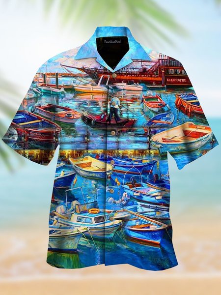 

Mens Harbour Boat Print Casual Breathable Short Sleeve Hawaiian Shirts, Blue, Men's Floral shirt