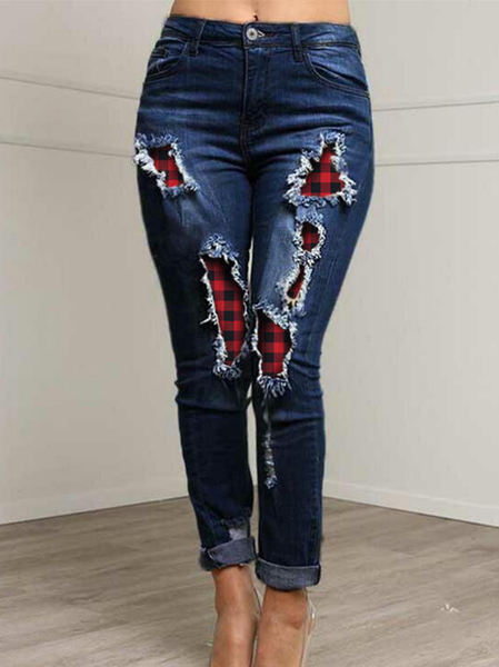 

Grid Ripped Pants, Blue, Pants