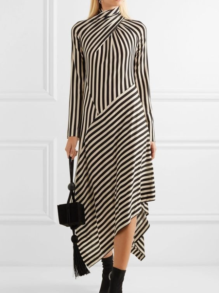 

Spring Stand Collar Striped Work Formal Date Evening Dresses, Stripe, Midi Dresses