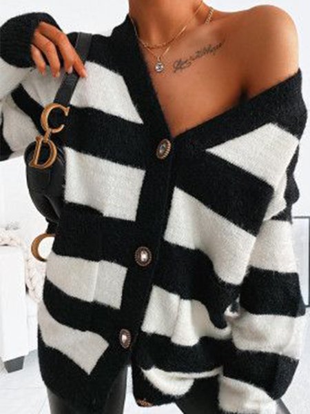 

Long Sleeve Daily Striped Loosen Outerwear, Black-white, Cardigans