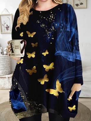 

Butterfly Printed Casual Loosen Pocket Md-long Shirts & Tops, Black, Long sleeve tops