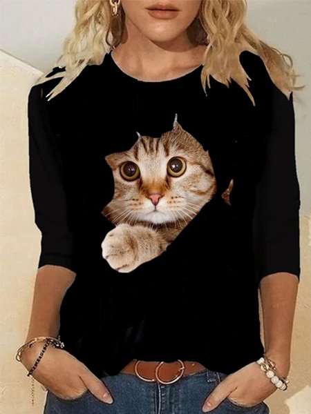 

Casual Long Sleeve Crew Neck Printed Top, Black, Tops