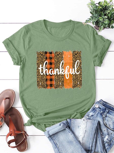 

Thanksgiving printed round neck short-sleeved cotton T-shirt, Lightgreen, T-shirts