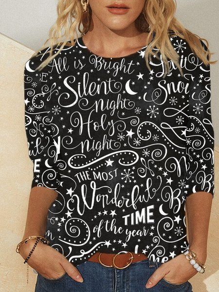 

Casual Printed Loosen Long Sleeve Round Neck Shirts & Tops, Black, Tops