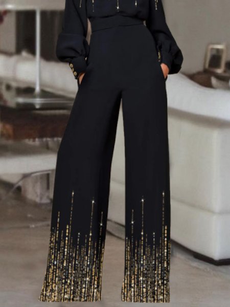 

Elegant Ombre Printed Pants, Black, Wide Leg Pants