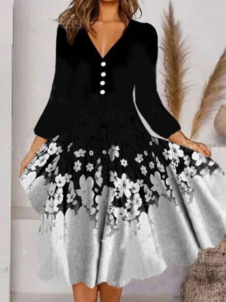 

Bishop Sleeve Elegant Regular Fit Floral Dresses, Black-white, Floral Dresses