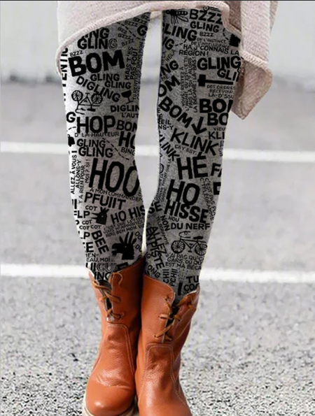 

Fashion Letter Print Vacation Elastic Waist Leggings, Light gray, Leggings