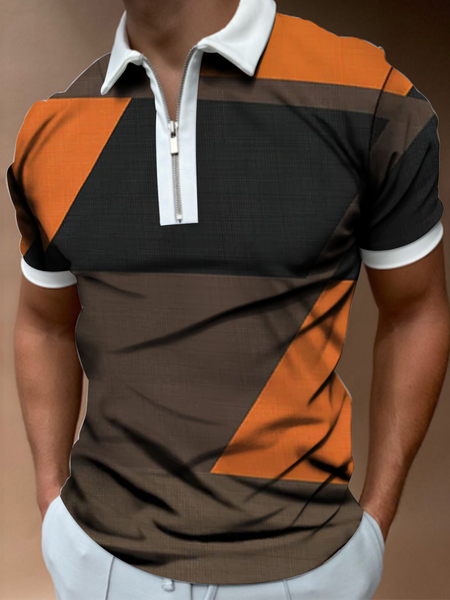 

Lapel Color Block Short Sleeve Shirts & Tops, As picture, Men's t-shirts
