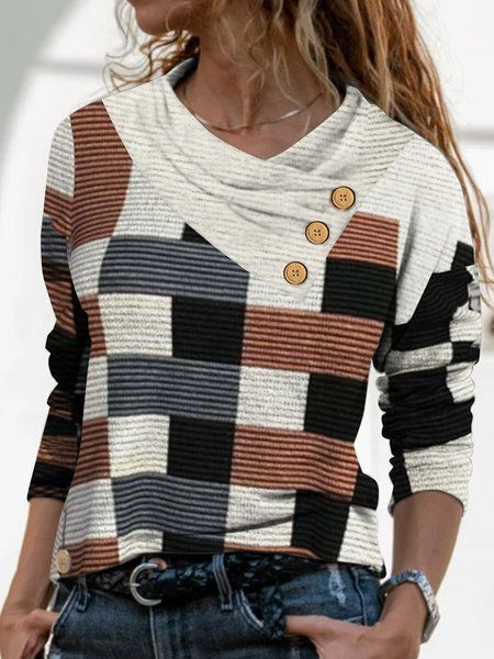 

Long sleeve pile neck retro geometric Plaid top casual T-shirt women, Multicolor, Long sleeve tops