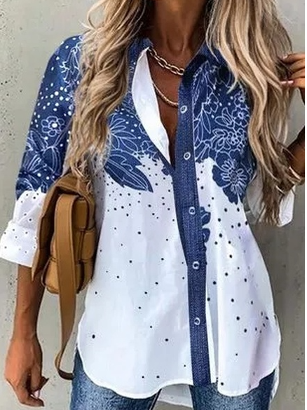 

Floral Lapel Casual Cotton Blends Shirts & Tops, White, Shirts & Blouses