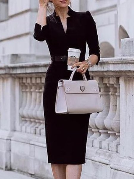 

Elegant Slim Fit Work Formal Solid Dress （Belt Not Included）, Black, Midi Dresses