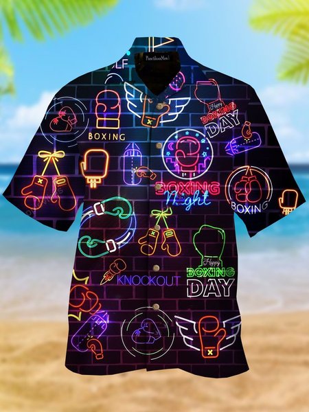 

Mens Boxing Party Print Casual Breathable Short Sleeve Hawaiian Shirts, Black, Men's Floral shirt