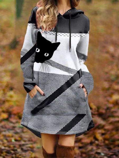 Hooded Loosen Dresses, As picture, Mini Dresses