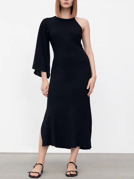 

Regular Fit One Shoulder A-line Sexy Dress, Black, Midi Dresses