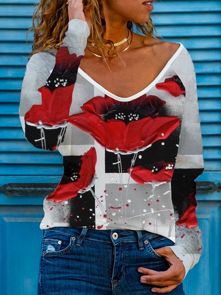 

Floral V Neck Boho Shirts & Tops, Red, T-Shirts