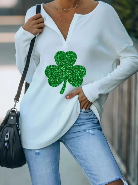 

Loosen Plants Off Shoulder Shirts & Tops Hot diamond four-leaf clover simple T-shirt, White, Long sleeve tops