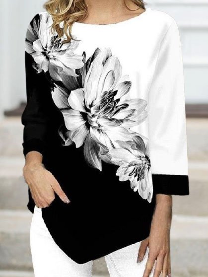 

Floral Color Block Printed Casual Crew Neck Shirts & Tops, Black-white, Long sleeve tops