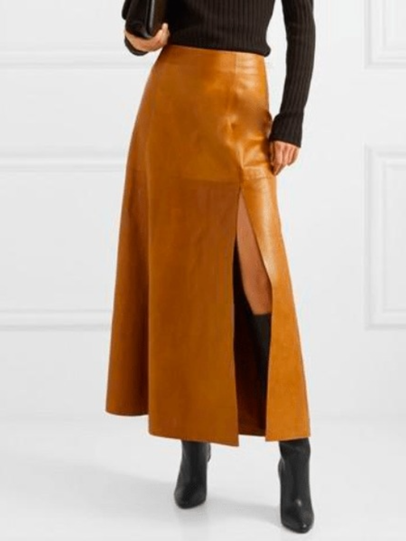 

Winter Leather A LineA Work Formal Zipper fly Leather Skirts, Brown, Maxi Skirts
