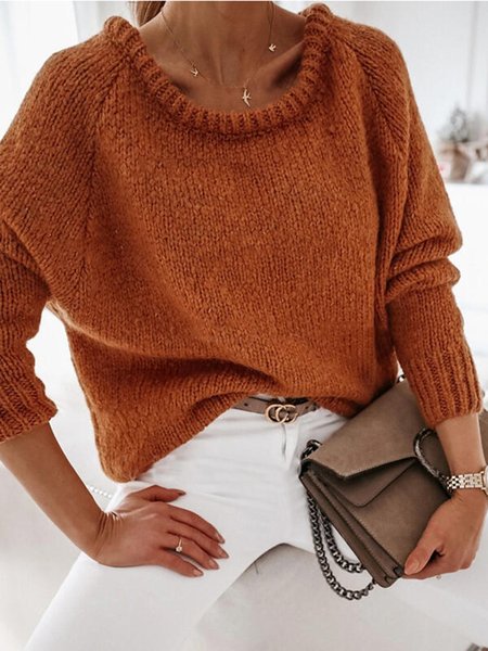 

Round Neck Plain Casual Sweater, Deep brown, Sweaters & Cardigans