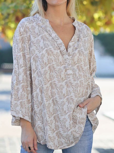 

V Neck Pastoral Shirts & Tops, Khaki, Long sleeve tops