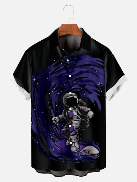 

Mens Astronaut Surfing Print Casual Breathable Chest Pocket Short Sleeve Hawaiian Shirts, Black, Men's Floral shirt