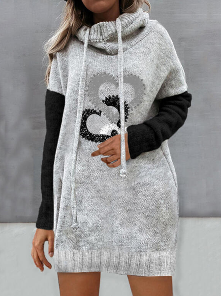 

Print/Color Block/Heart Knit Long Sleeves Dropped Shoulder Shift Above Knee Casual Sweater Dresses, Gray, Casual Dresses