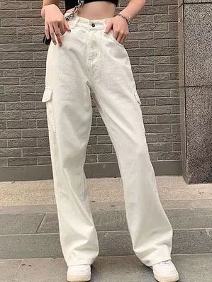 

White Denim Pockets Loosen Straight Leg High Waist Pants, Pants
