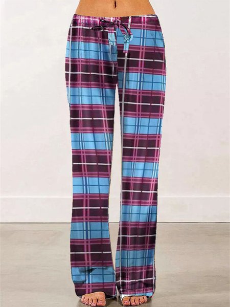 

Straight Checked Cotton Blends Pants, Sky blue, Pants