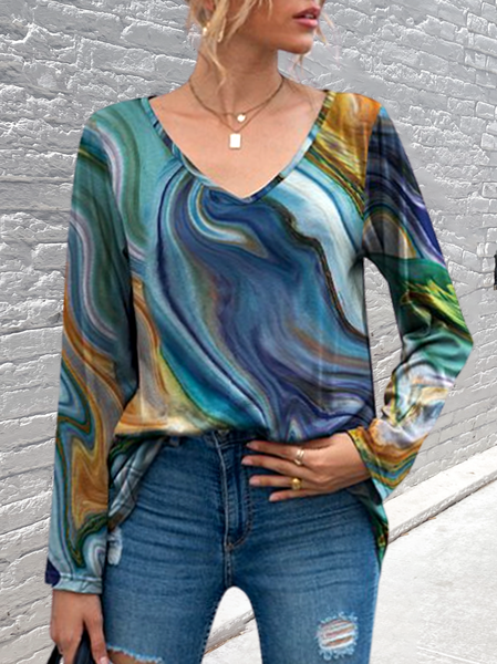 

V Neck Casual Shirts & Tops Abstract flowing lines blue-green V-neck top, Cyan, Long sleeve tops