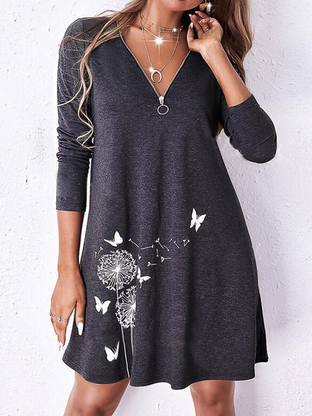 

Floral Casual V Neck Dresses, Deep gray, Mini Dresses