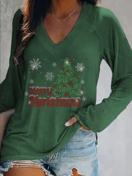

Christmas Xmas Long Sleeve V Neck Plus Size Printed Tops T-shirts, Green, T-Shirts