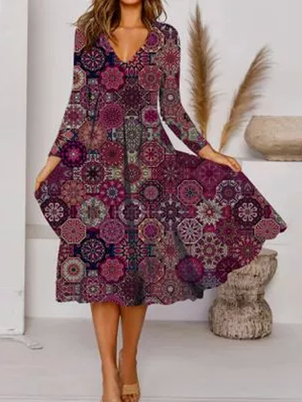 

Cotton Blends Tribal V Neck Dresses, Purple, Boho dresses