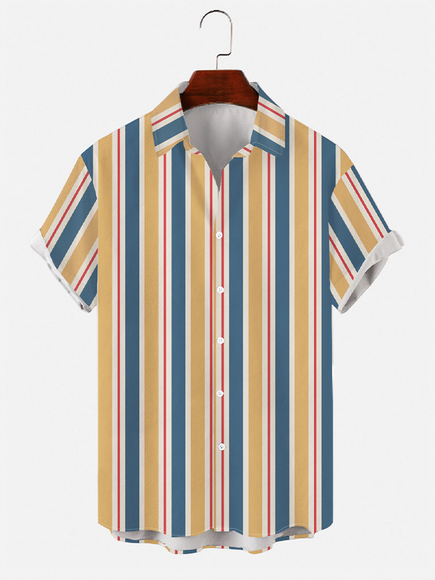 

Striped Short Sleeve Shirt Collar Shirts & Tops, As picture, Men's Floral shirt