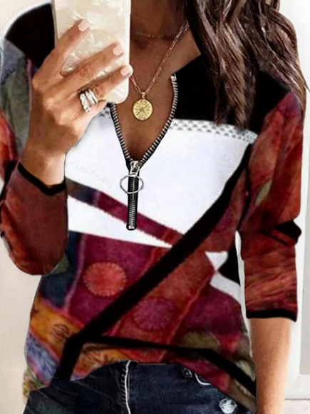 

Casual V Neck Regular Fit Shirts & Tops, Red, Long sleeve tops