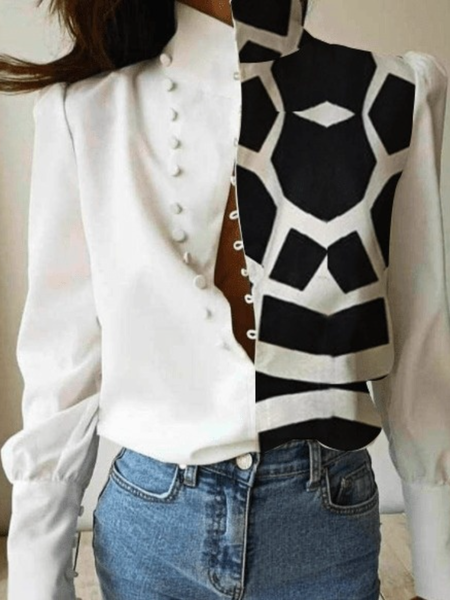 

White Geometric Stand Collar Simple Daily Stand Collar Tops, Blouses and Shirts