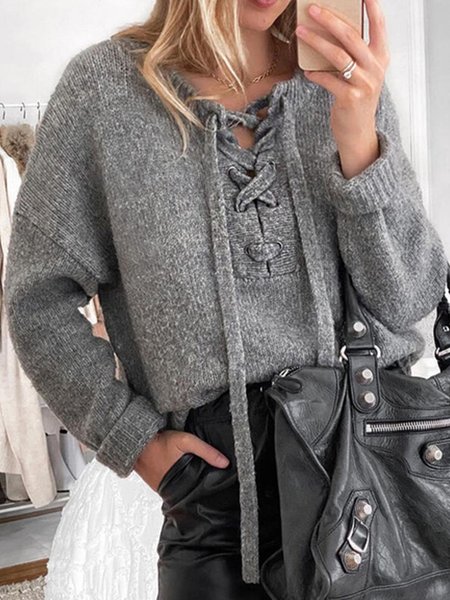 

Crew Neck Casual Vintage Plain Sweater, Deep gray, Sweaters