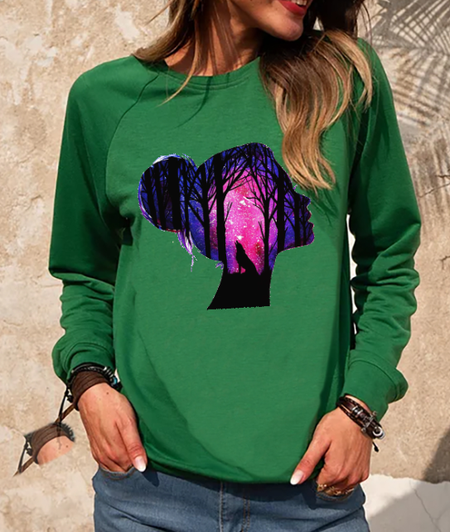 

Girl Print Vacation Casual Long Sleeve Round Neck Sweatshirt, Green, Sweatshirts & Hoodies