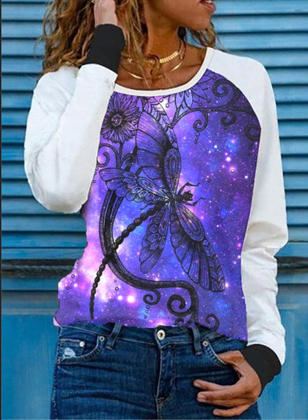 

Dragonfly Printed Raglan Sleeve Round Neck Casual T-Shirts & Tops, Blue, Long sleeve tops