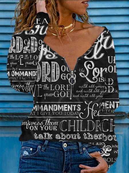 

Cotton Blends Letter Shirts & Tops, Black, Tops