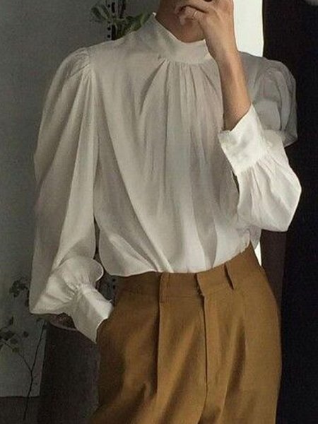 

Elegant High Neck Loosen Plain Top, White, Blouses and Shirts