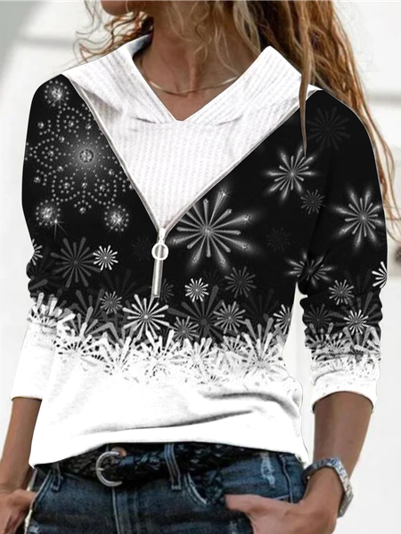 

Geometric hat gradient snowflake stitching small check loose top T-shirt women, Black-white, Long sleeve tops