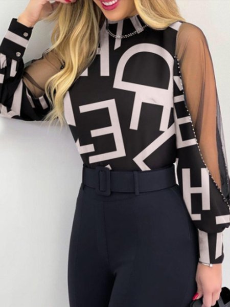 

Stand Collar Loosen Elegant Letter Top, As picture, Blouses and Shirts