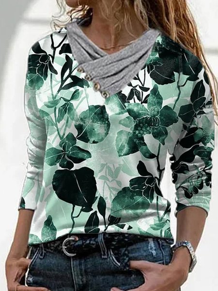 

Long Sleeve Printed Casual Cowl Neck Shirts & Tops, Green, T-Shirts