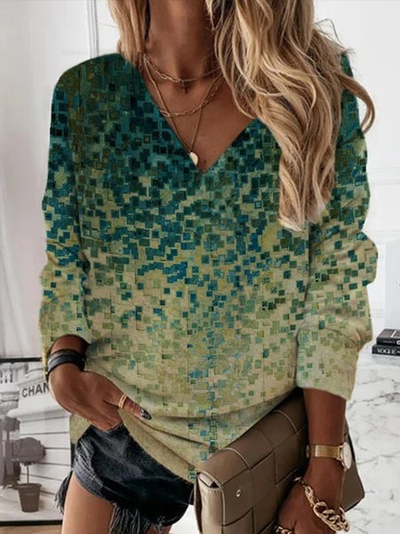 

Casual Printed V Neck Loosen Long Sleeve Shirts & Tops, As picture, Tops