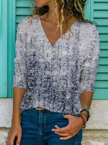 

Vintage Casual Tribal Printed V Neck Long Sleeve Shirts & Tops, As picture, Tops